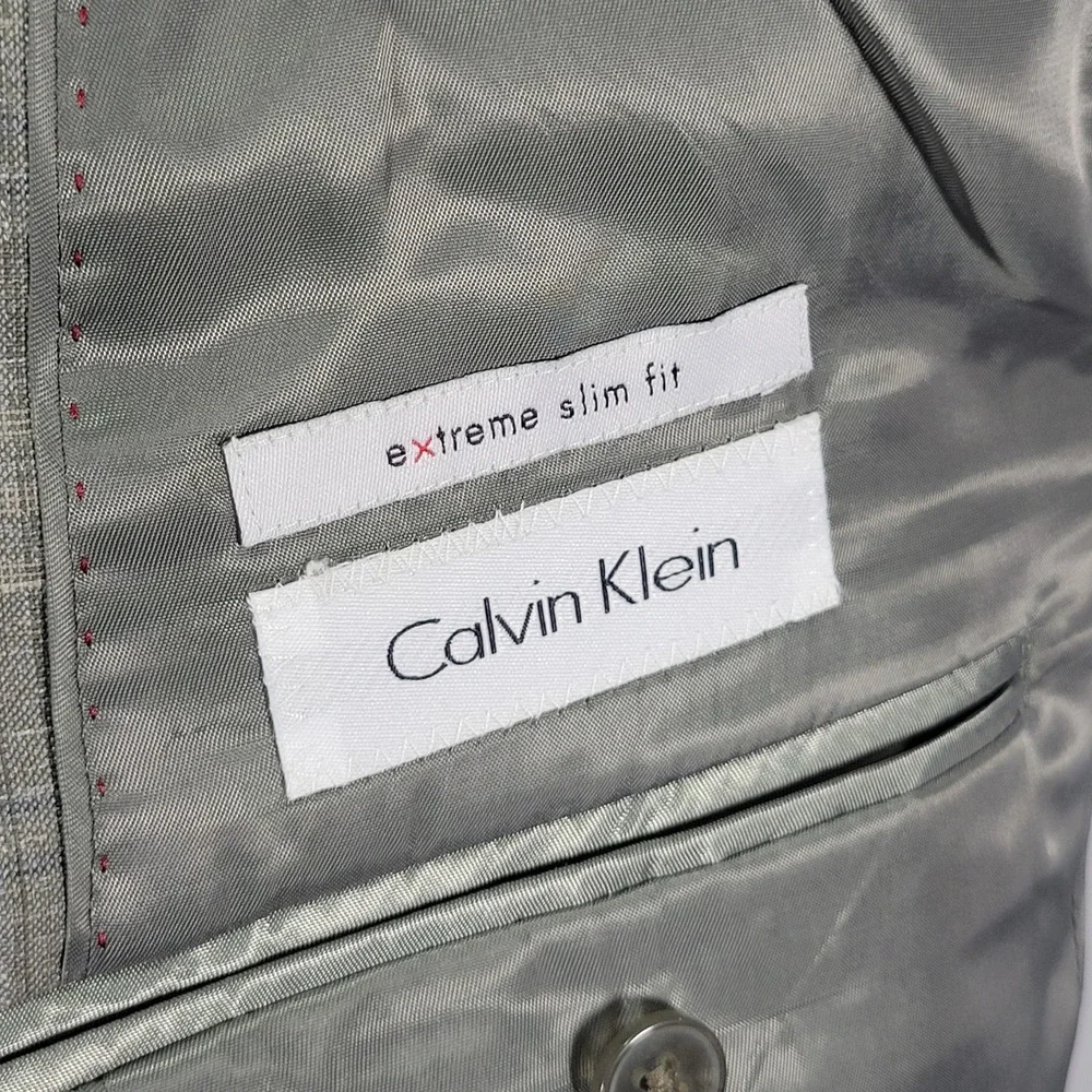 Calvin Klein Men's Sport Coat Blazer Gray Plaid Wool Linen Poly Extreme Slim 40R